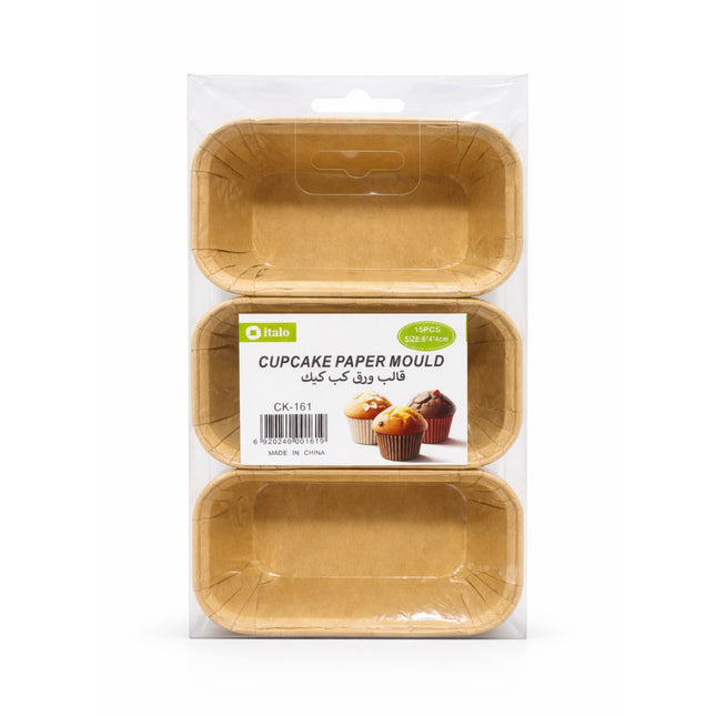 Cupcake paper mould packaging with clear plastic wrap on a white background