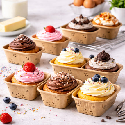 Assorted cupcakes in paper cups on a light surface with ingredients in the background.