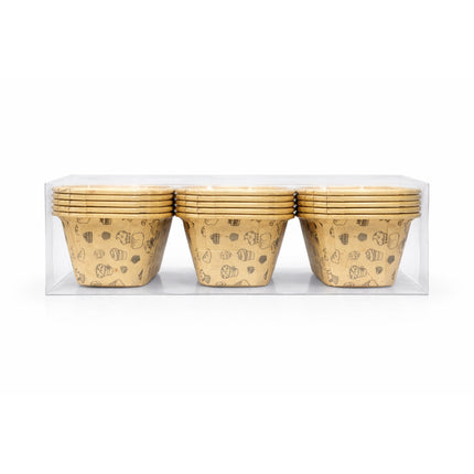 Set of three small paper cups with animal prints in a clear plastic packaging on a white background