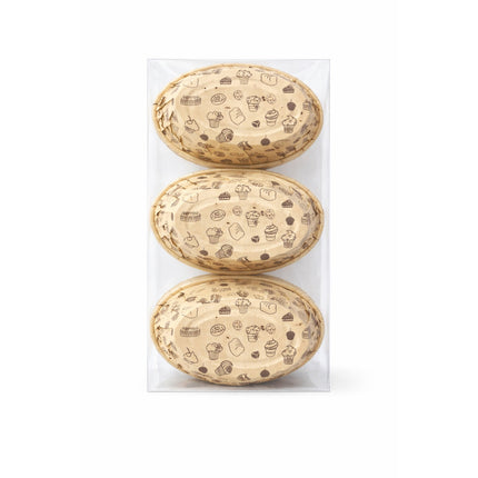 Three wooden Easter eggs with printed designs in a clear packaging sleeve on a white background