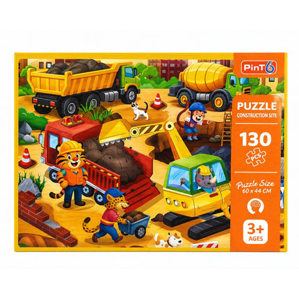 Pint 6 construction site puzzle packaging with colorful illustration of vehicles and characters.