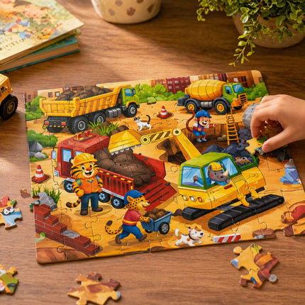 Child playing with a construction-themed puzzle on a wooden table