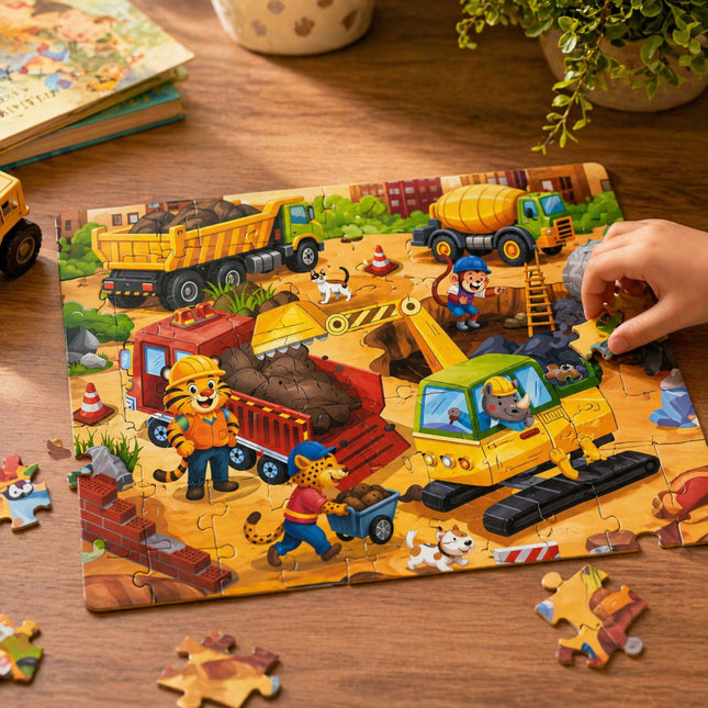 Child playing with a construction-themed puzzle on a wooden table