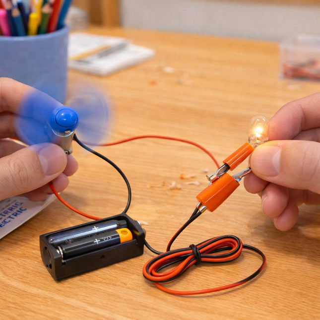 Person holding a small battery-powered circuit with a light bulb and fan on a wooden table.