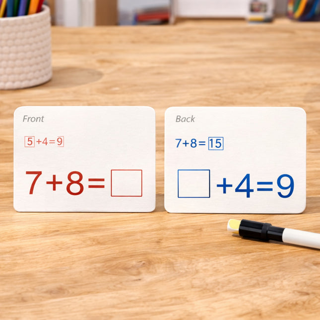 Mathematics flashcards on a wooden table with a marker.