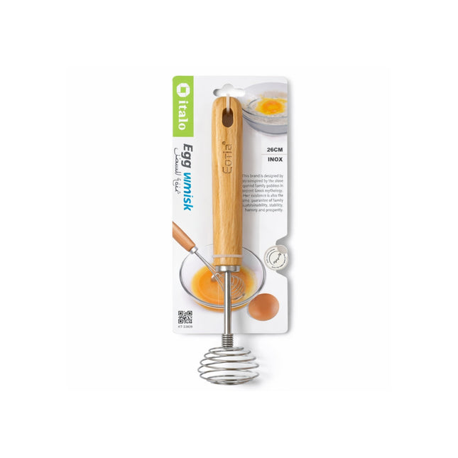 Orolo egg whisk with wooden handle and metal coil on a white background