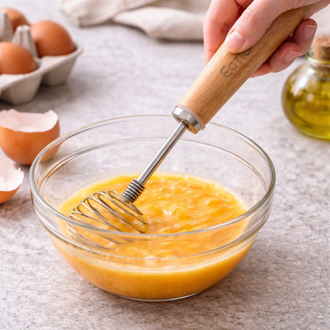 Person whisking eggs in a glass bowl with a wooden-handled whisk, surrounded by eggshells and a bottle of oil on a light surface.