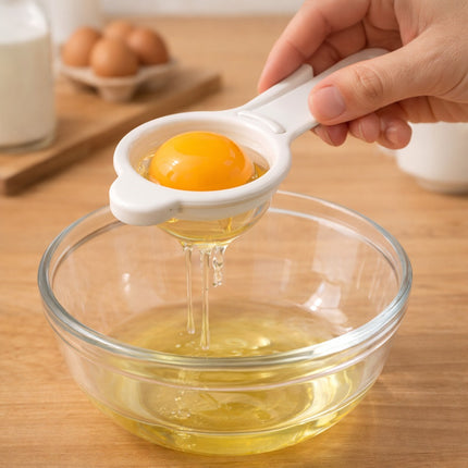 Egg separator with egg yolk being poured into a glass bowl on a wooden surface.