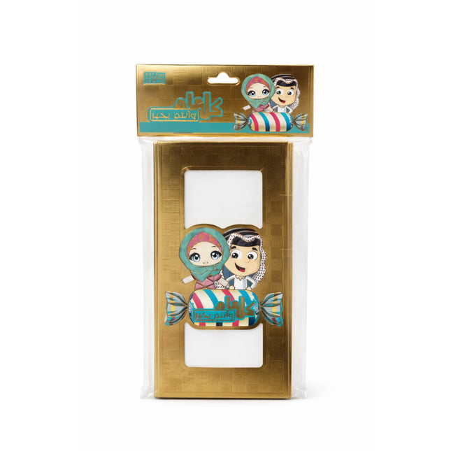 Product packaging with cartoon characters on a white background
