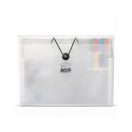 Clear plastic pouch with a necklace and colorful cards inside on a white background