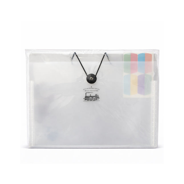 Clear plastic pouch with a necklace and colorful cards inside on a white background