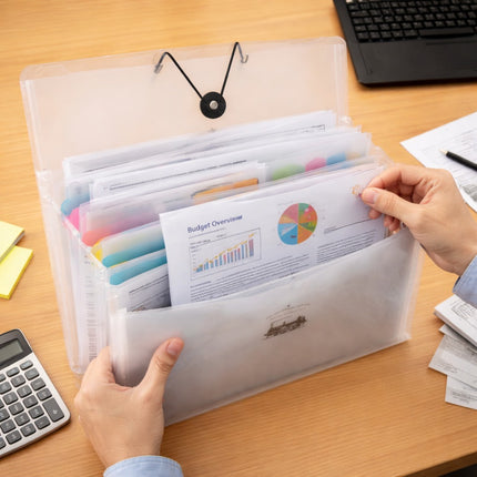 Person organizing documents in a transparent file folder on a desk with a calculator and keyboard.