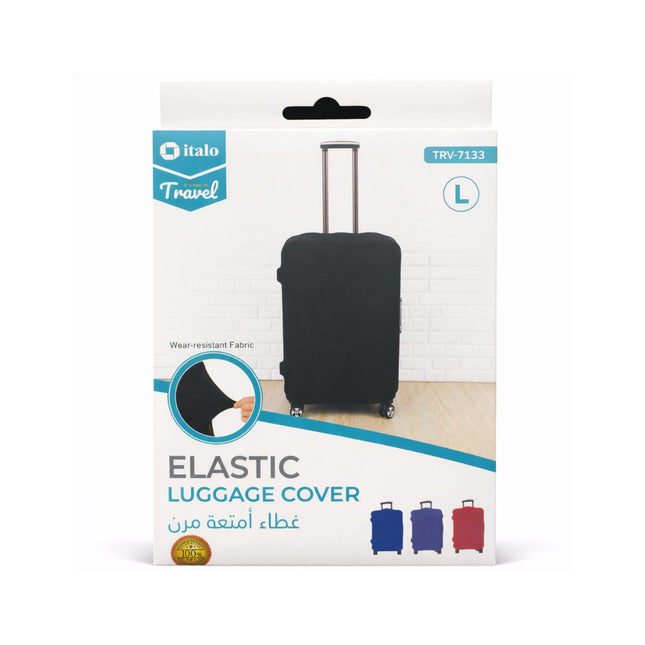 Packaging of an elastic luggage cover with a suitcase illustration on a white background