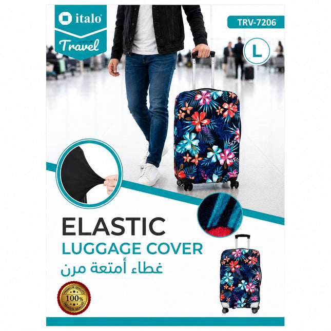 Promotional graphic for an elastic luggage cover by Italo Travel, showing a person walking with a suitcase covered in a colorful floral and tropical print. The image includes close-up insets of the black elastic end and the striped fabric texture, plus text reading 'ELASTIC LUGGAGE COVER' and Arabic text.