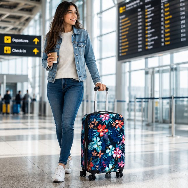 A woman in a modern airport terminal pulls a rolling suitcase covered in a colorful tropical floral print. She is wearing a light-wash denim jacket, a cream ribbed knit top, and blue jeans, holding a coffee cup.