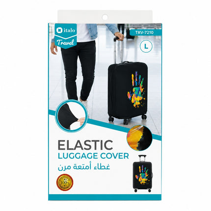 A retail package for an Italo Travel elastic luggage cover, size L. The packaging features a photo of a person pulling a black suitcase with a colorful handprint design, close-up detail circles, and a small inset showing the luggage cover applied.