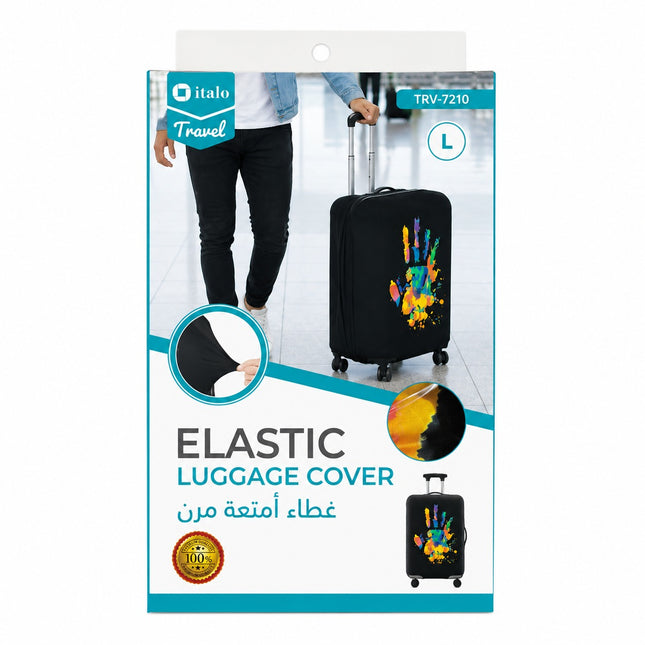 A retail package for an Italo Travel elastic luggage cover, size L. The packaging features a photo of a person pulling a black suitcase with a colorful handprint design, close-up detail circles, and a small inset showing the luggage cover applied.
