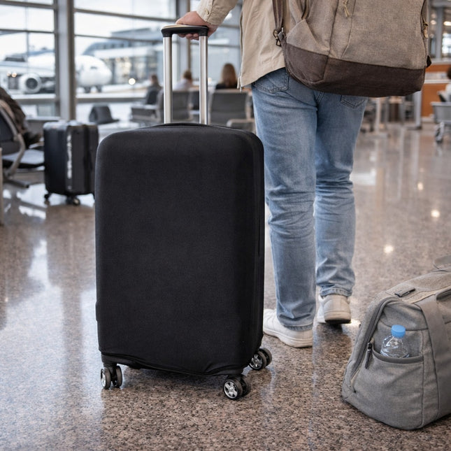 Person with a black suitcase in an airport terminal