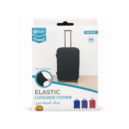 Packaging of an elastic luggage cover with a suitcase on a white background
