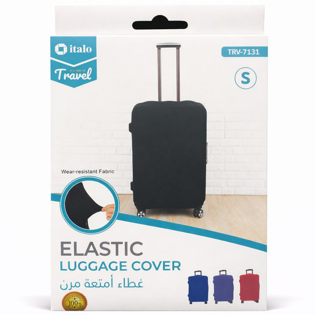 Packaging of italo Travel Elastic Luggage Cover with a black suitcase on a white background
