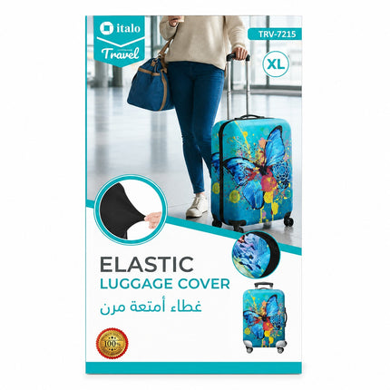 A retail package for an Italo Travel elastic luggage cover, featuring a large blue suitcase with a colorful butterfly print, a smaller matching suitcase, a blue duffel bag, and product callouts on a white and teal background.