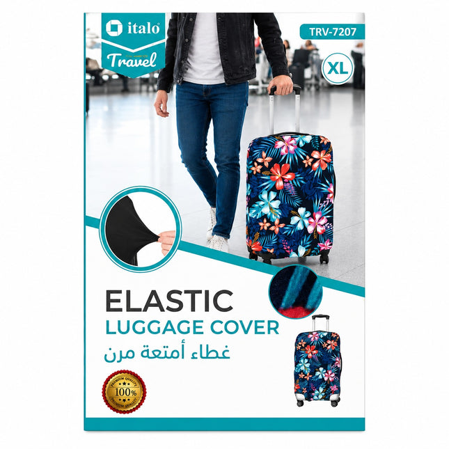 A retail package for an Italo Travel elastic luggage cover, model TRV-7207, XL size. The packaging features a tropical floral print on a dark background, showing a person walking with a suitcase in the background photo.