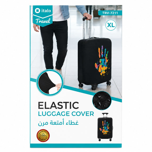 Elastic luggage cover in a bright multicolor handprint design, shown on a black suitcase. The packaging features a lifestyle image of a person pulling the suitcase in an airport, close-up insets showing the stretchiness and texture of the fabric, and a small preview of the product on a suitcase.