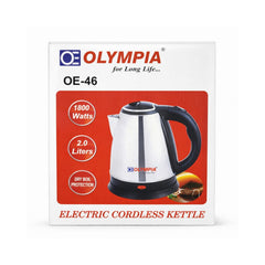 Olympia electric cordless kettle packaging with product details on a white background