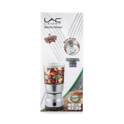LAC Laichy electric grinder packaging with images of fruits and a metal blade on a white background