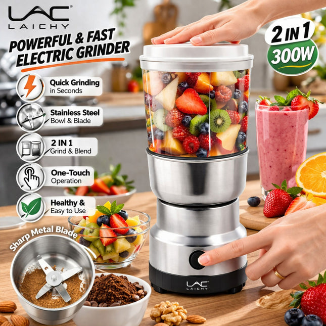 Electric grinder with fruits and a smoothie, surrounded by text highlighting features.