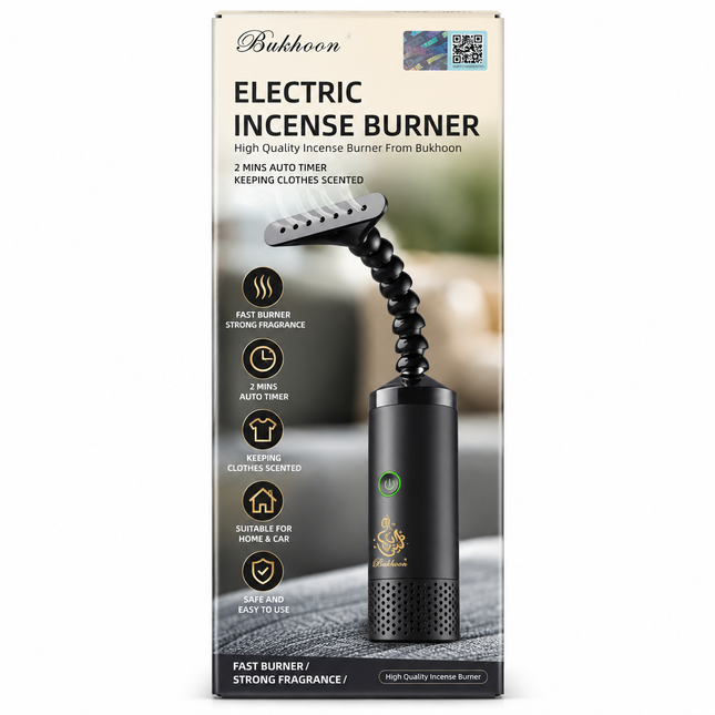 Bukhoon Electric Incense Burner retail packaging box, featuring a black handheld incense burner with a flexible black neck and a small green indicator light, shown against a beige background with product features and icons.