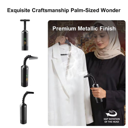 Palm-sized handheld steam iron shown in three views on the left, with a woman on the right steaming a white blazer. Text reads 'Exquisite Craftsmanship Palm-Sized Wonder' and 'Premium Metallic Finish'; '360° Rotation of the Head' is also shown.