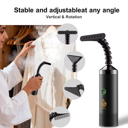 Person using a black handheld steamer with adjustable nozzles on a white background.