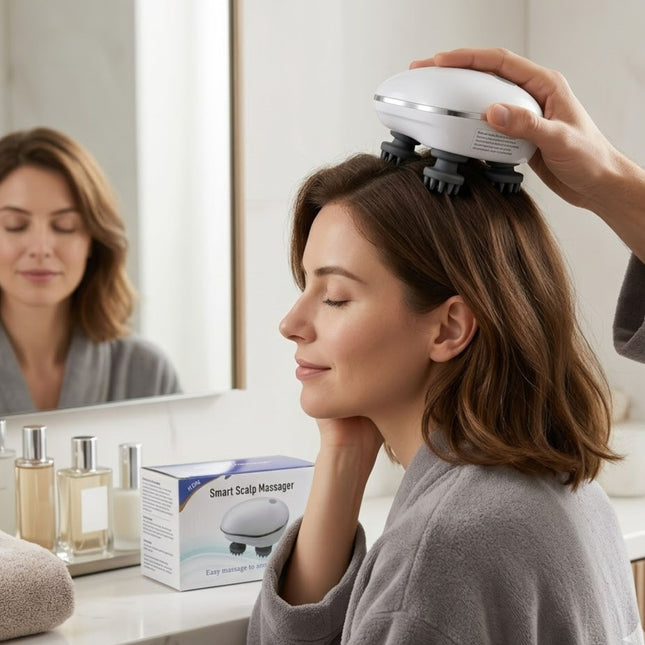 Woman using a smart scalp massager in front of a mirror with a box of the product on the counter.