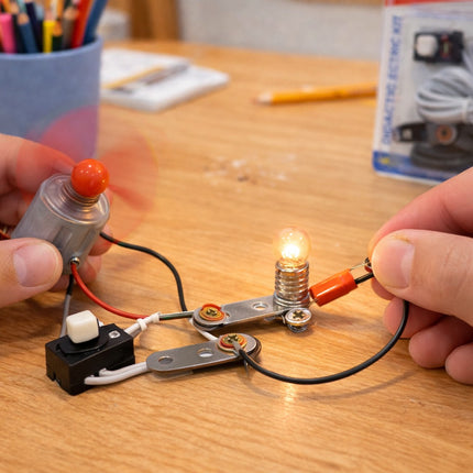 Person assembling a small electrical circuit with a light bulb on a wooden table.