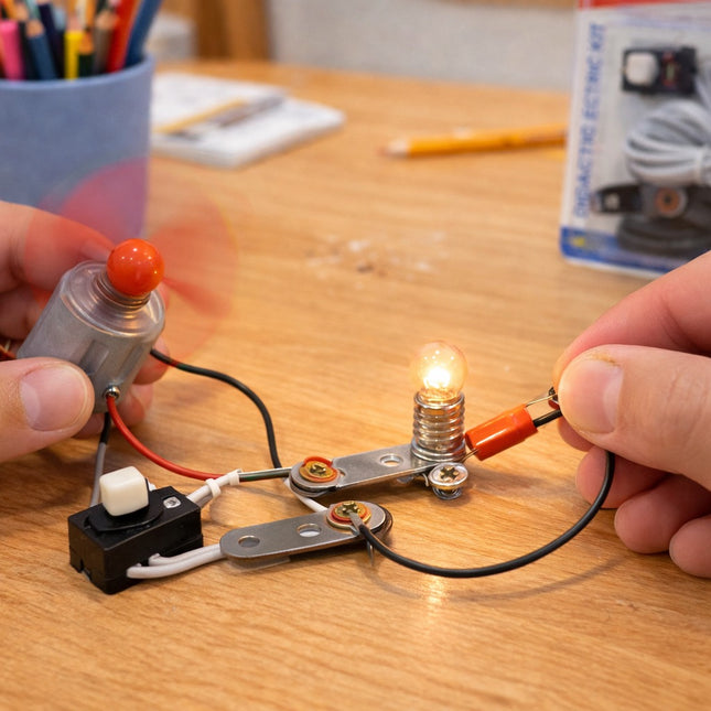 Person assembling a small electrical circuit with a light bulb on a wooden table.