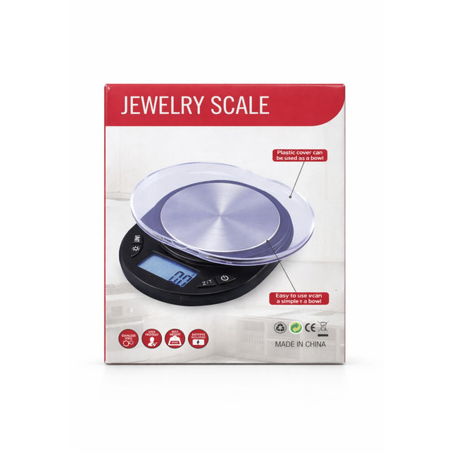 Jewelry scale packaging with digital display on a white background