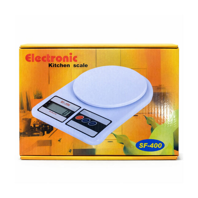Electronic kitchen scale packaging with a colorful background