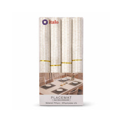 Packaging of italo placemats with a dining table scene on a white background