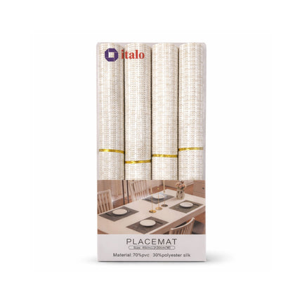 Packaging of italo placemats with a dining table scene on a white background