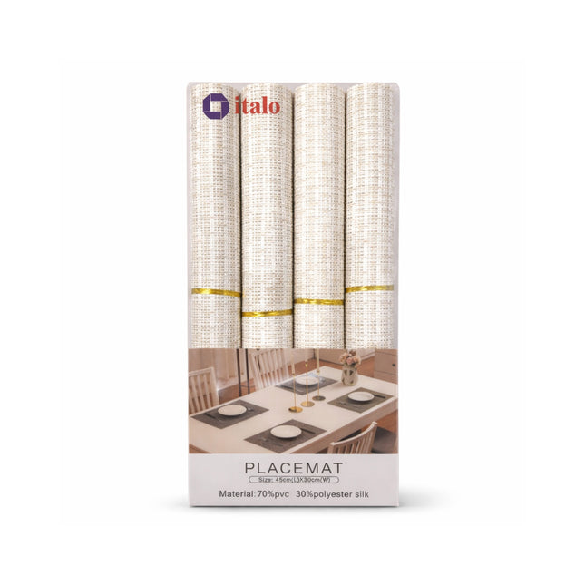Packaging of italo placemats with a dining table scene on a white background