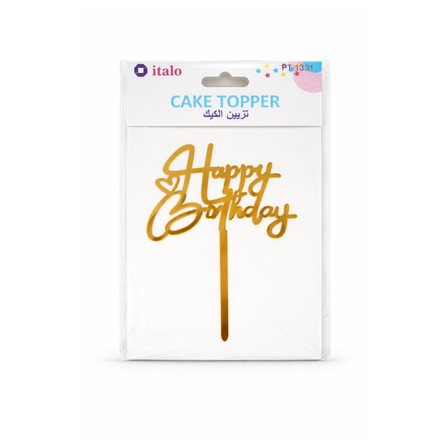 Gold 'Happy Birthday' cake topper with italo branding on a white background