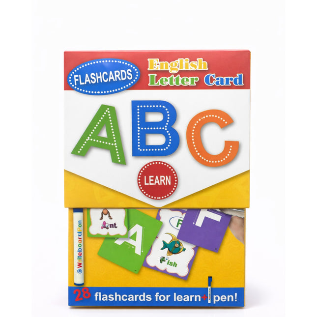 Packaging of English letter flashcards with colorful letters and a pen on a white background