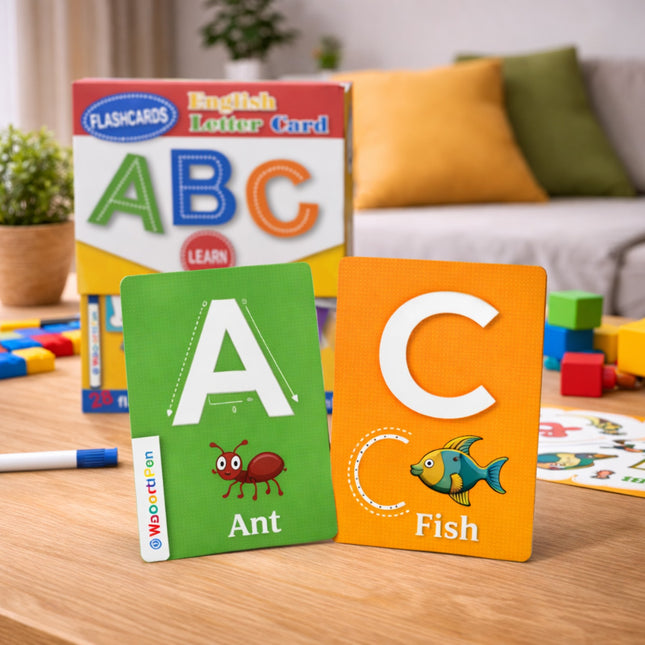 Educational alphabet flashcards on a table with a living room background