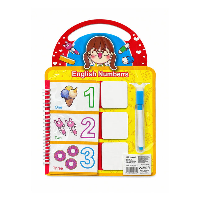 Educational toy set with English numbers and a pen on a white background
