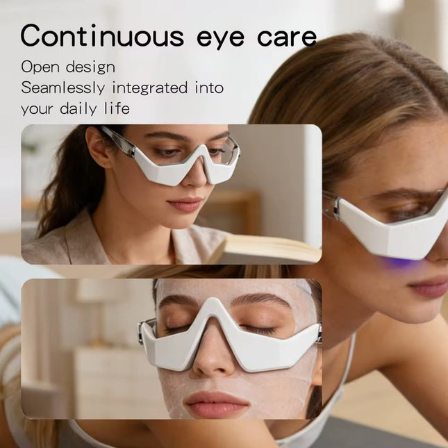 Woman wearing white eye care device with text about continuous eye care.