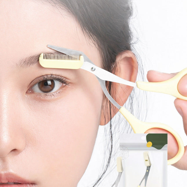 Close-up of a person using a pair of scissors to trim their eyebrow.