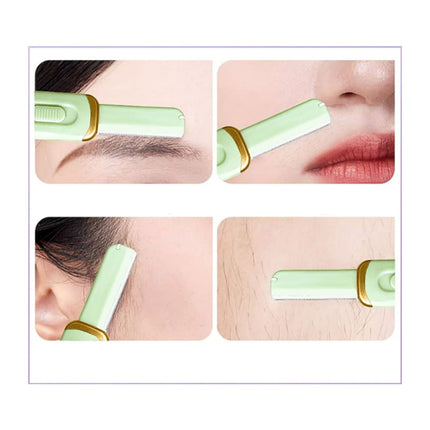 Collage of a grooming tool being used on various parts of the face and body.