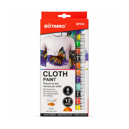 MOTARRO cloth paint set packaging with colorful paint bottles on a white background