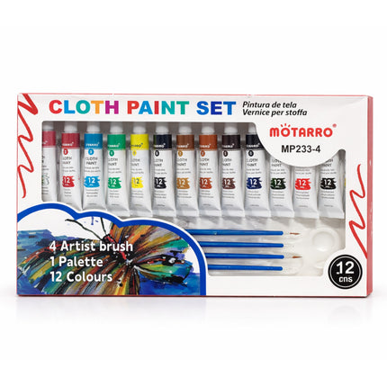 MOTARRO cloth paint set packaging with paint tubes and brushes on a white background
